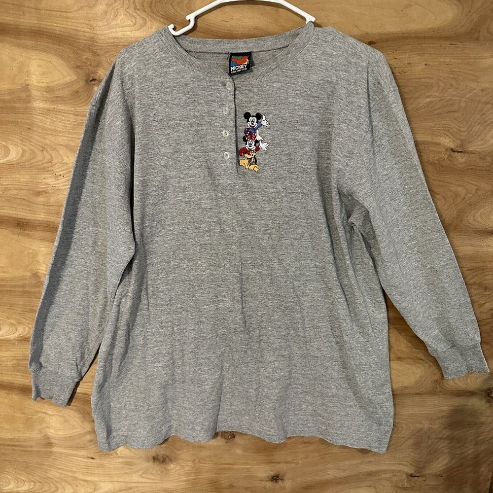 Vtg 80s Mickey Unlimited Mens Large Gray  Henley Embroidered Disney Minnie Pluto